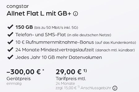 🔥🔥 Telekom Allnet Flat mit 150GB 5G/LTE für eff. 17,13€ mtl. dank 300€ Cashback