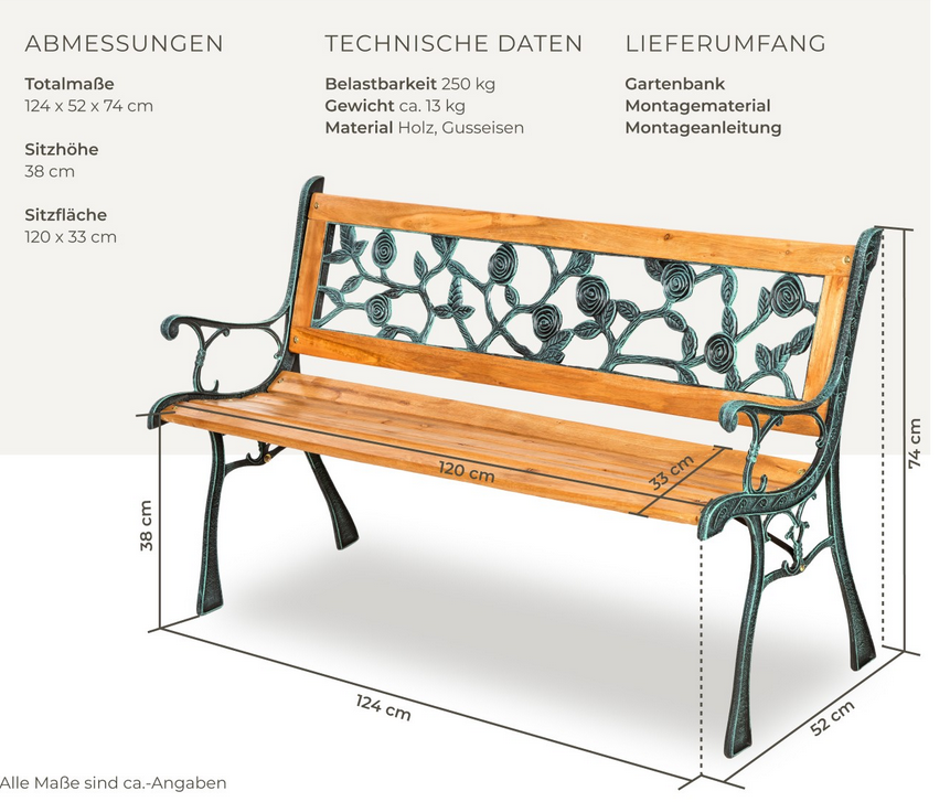 TecTake Marina Gartenbank 2 Sitzer aus Holz und Gusseisen für 49,99€ (statt 60€)