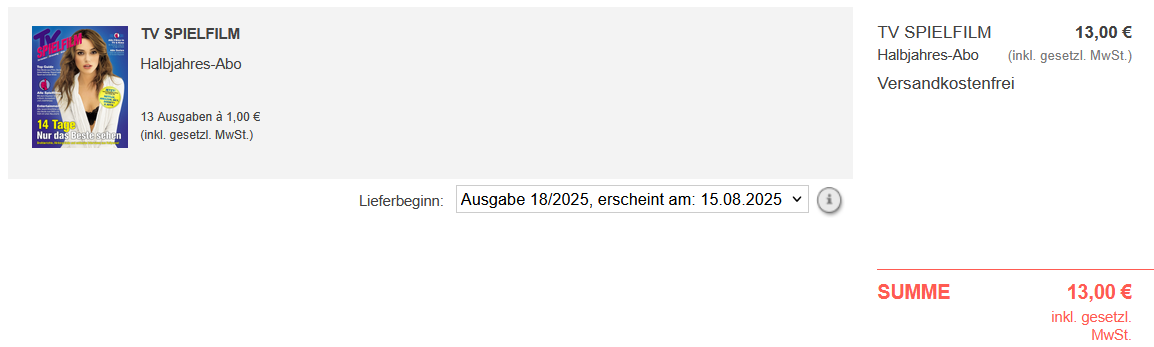 📰 13 Ausgaben TV Spielfilm Abo für 13€ (statt 26€)