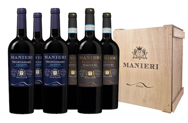 🍷 3 Flaschen Manieri Negroamaro Puglia + 3 Flaschen Primitivo inkl. Holzkiste für 49,94€ (statt 80€)
