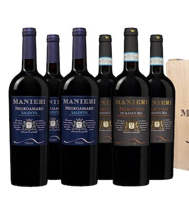 🍷 3 Flaschen Manieri Negroamaro Puglia + 3 Flaschen Primitivo inkl. Holzkiste für 49,94€ (statt 80€)
