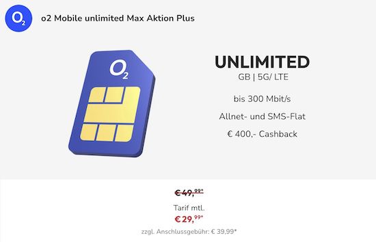 🔥 o2 Unlimited Max mit unbegrenzt 5G/LTE für eff. 14,99€ mtl. dank 400€ Cashback