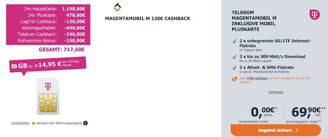 Crazy 🤯 2x Telekom MagentaEINS Mobil M mit unlimited 5G für eff. 14,95€ mtl. pro Tarif