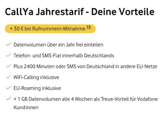 📱 Vodafone CallYa Jahrestarif mit 180GB 5G für 99,99€ + 30€ Bonus