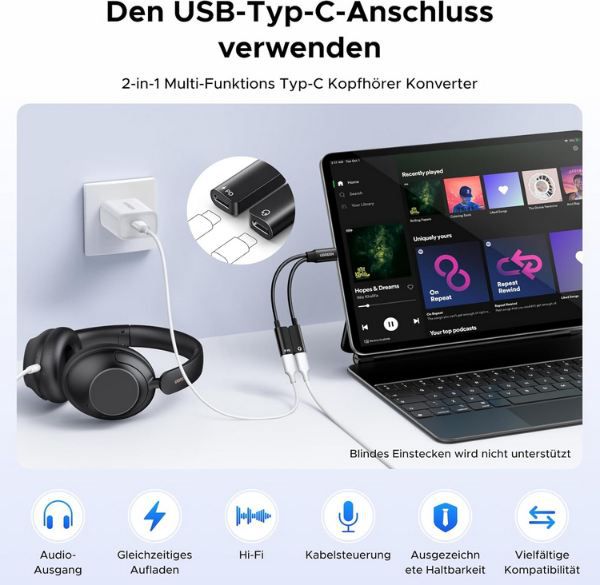 UGREEN USB C Splitter für Kopfhörer & Ladung für 13,99€ (statt 20€)