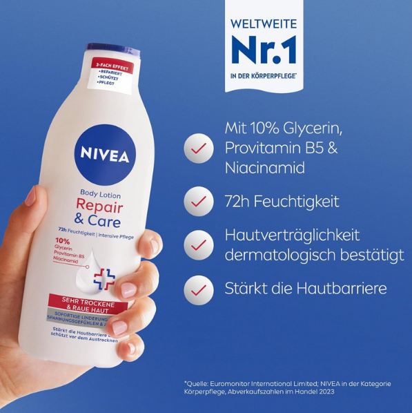 🧴 4x NIVEA Body Lotion Repair & Care Körpercreme, 400ml ab 16,28€ (statt 26€)