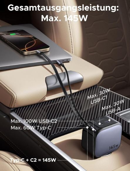 UGREEN Nexode KFZ Adapter mit ausziehbaren Kabeln, max. 145W für 30,99€ (statt 50€)