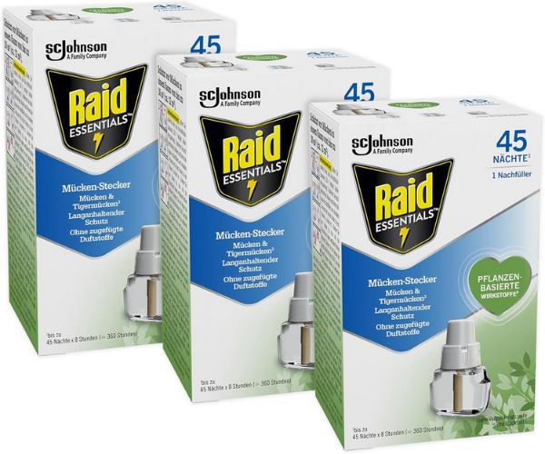 🦟 3er Pack Raid Essentials Mückenstecker (Nachfüller) ab 10€ (statt 13€)