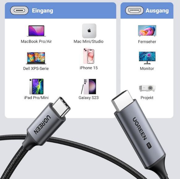 📺 UGREEN USB C auf HDMI 2.1 Kabel für 29,99€ (statt 40€)