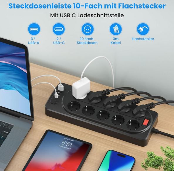 🔌 Kinglink 10 Fach Steckdosenleiste mit USB & 3m für 16,99€ (statt 30€)