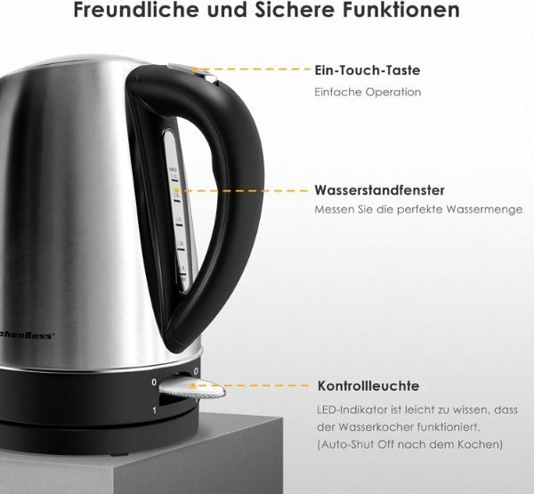🍵 KitchenBoss Edelstahl Wasserkocher mit Kalkfilter, 1,7L für 19,65€ (statt 30€)