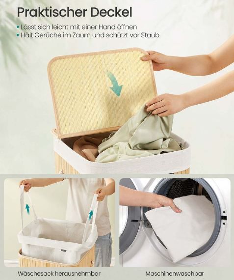 🧺 Songmics Wäschekorb aus Bambus mit Deckel, 95L für 16,99€ (statt 27€)