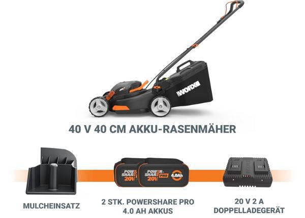 🏡 Worx WG734E Nitro Akku Rasenmäher Set, 40cm für 297,49€ (statt 350€)