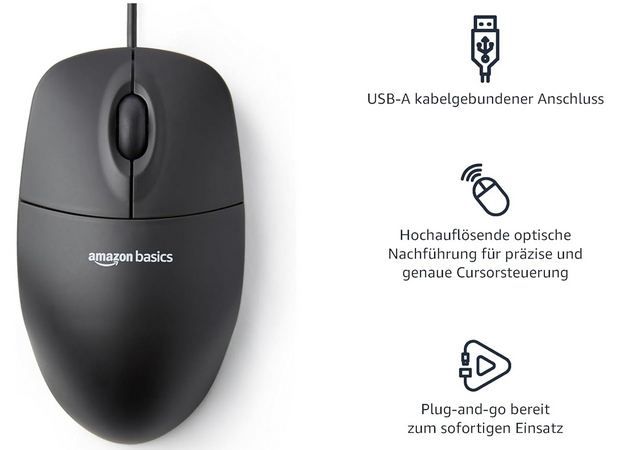 🖱️ Amazon Basics Optische Kabel Maus mit 3 Tasten für 4,49€ (statt 9€)