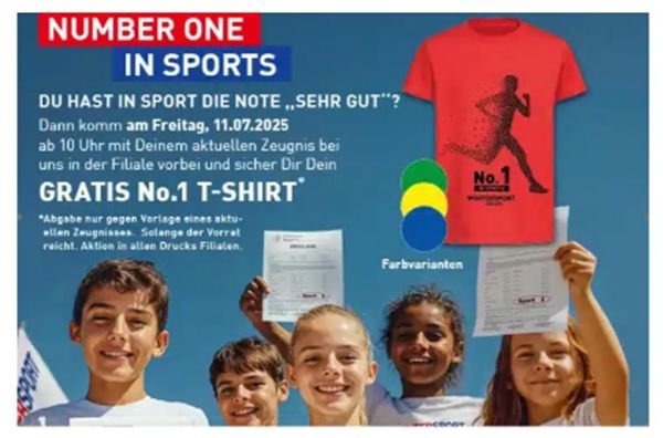 👕 Intersport Drucks (NRW): Eine 1 im Sport ➡️ T Shirt gratis abholen   am 11.07.