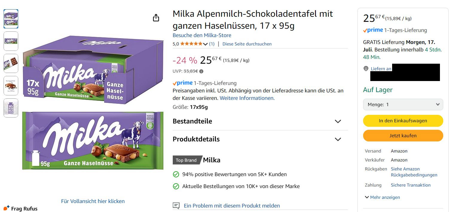 🍫17x Milka Ganze Haselnüsse Schokolade (je 95g) für 25,67€ (statt 34€)