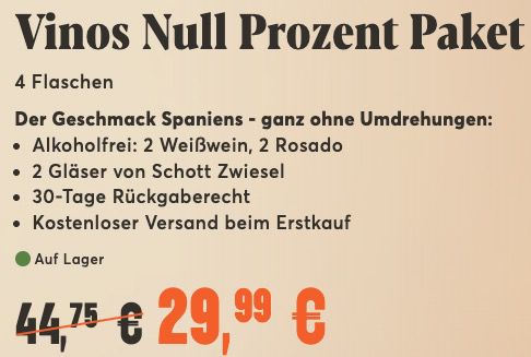 🍇 Vinos Null Prozent Wein Paket mit 4 Flaschen ab 29,99€   2 Schott Zwiesel Weingläser gratis