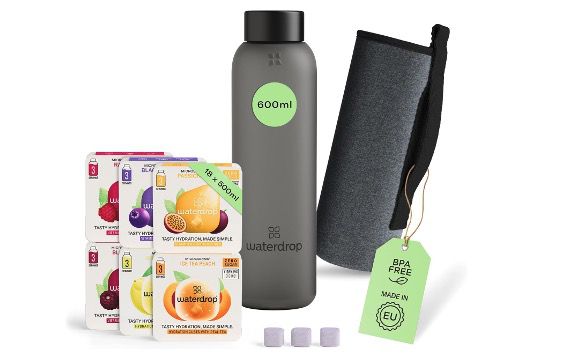 🚰 Waterdrop Starterset Glas 600ml Black inkl. 18 Drops für 32,21€ (statt 38€)   1L für 33,91€