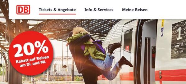 🚝 Deutsche Bahn Sparpreis Aktion ab 6,99€ 2. Klasse + Di. & Mi. 20% Extra Rabatt