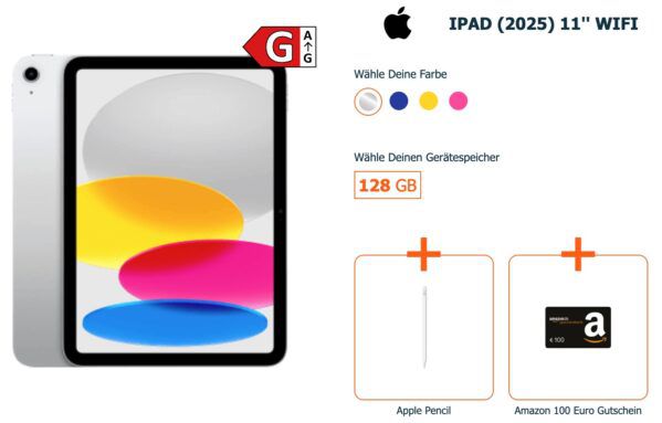 🍏 Apple iPad 11 2025 + Pencil + 100€ Amazon für 1€   mit Vodafone Allnet 20GB ab 24,99€ mtl.