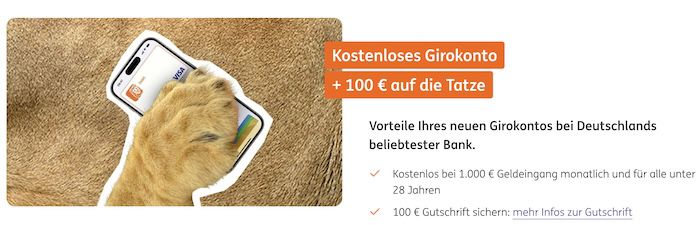 🔥 ING: kostenloses Girokonto + kostenlose VISA + 100€ Prämie + 50€ KwK
