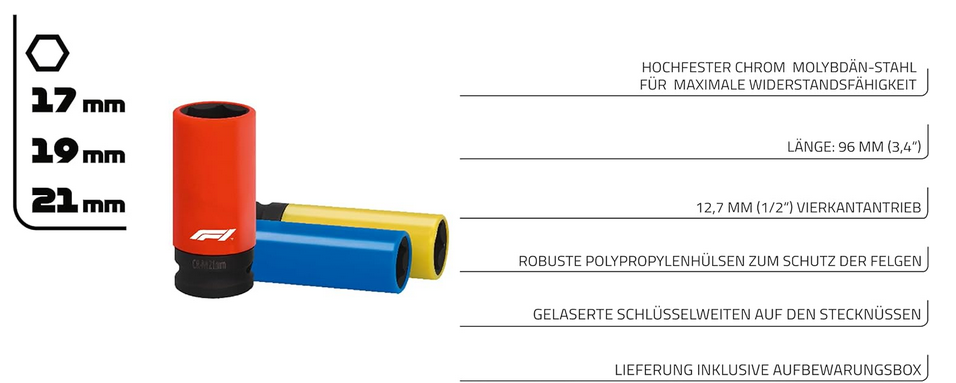 Formula 1 Steckschlüssel Satz SW 17mm 19mm u. 21mm für 11€ (statt 17€)