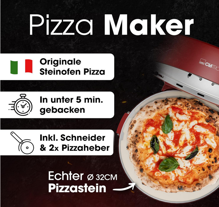🍕🔥Clatronic PM 3787 Pizzaofen max. 350°C Ø32cm für 40€ (statt 65€)
