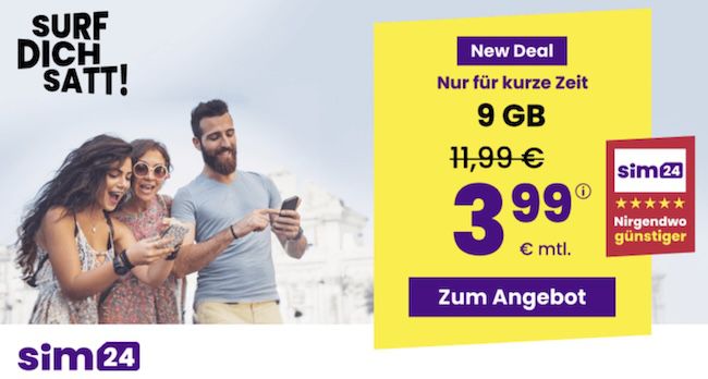 📱 sim24 Allnet Flat mit 9GB für nur 3,99€ mtl.