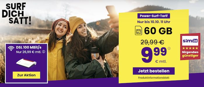 📲 sim24 Allnet Flat mit 60GB 5G für 9,99€ mtl. + monatlich kündbar!