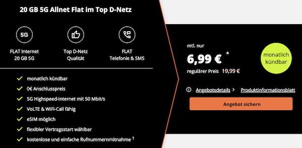🔥 Vodafone Allnet 20GB für 6,99€ mtl.   monatlich kündbar!