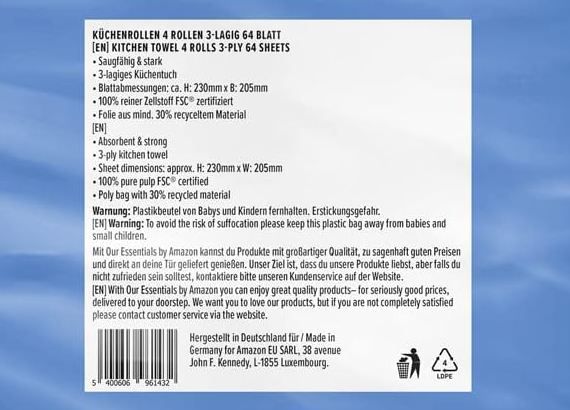 🧻 4 x 4 Rollen by Amazon Küchenrolle, 3 lagig ab 9,33€ (statt 14€)