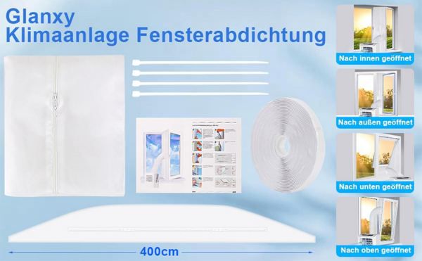 💨 Glanxy Fensterabdichtung für mobile Klimageräte, 400cm für 10,49€ (statt 15€)