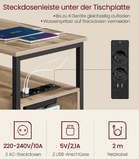 🏺 Vasagle Beistelltisch mit Steckdosenleiste & 2 Schubladen für 43,99€ (statt 70€)