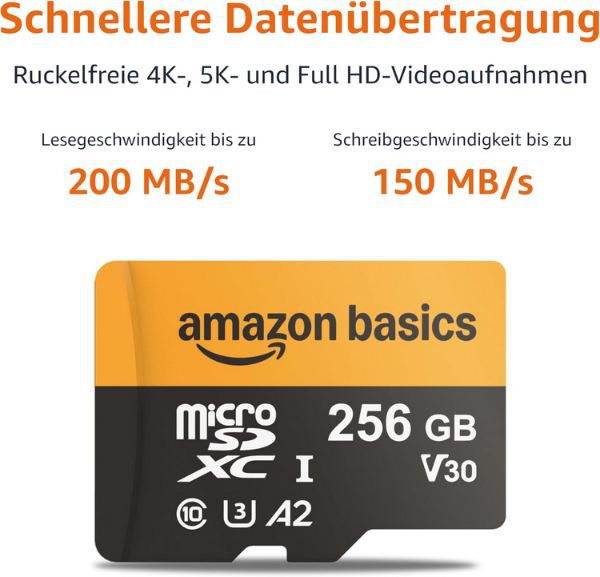 💾 Amazon Basics microSDXC Karte mit Adapter, 256GB für 16,99€ (statt 21€)