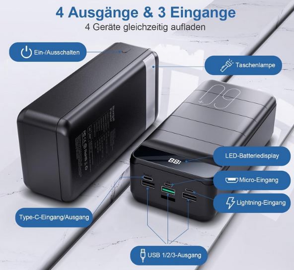 🔋 PDBEST USB C/A Powerbank mit 60.000mAh, 22,5W PD für 29,99€ (statt 60€)