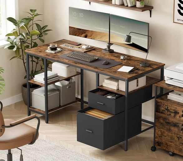 Vasagle Bürotisch mit 3 Ablagen + 2 Schubladen, 140 x 60 x 76cm für 69,99€ (statt 90€)