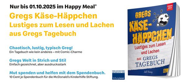 Aktuelles Spendenbuch bei McDonalds: Gregs Käse Häppchen