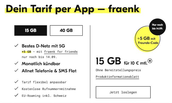 🔥 fraenk: Telekom 5G Allnet Flat mit 15GB nur 10€ mtl. oder 40GB für 15€ mtl.