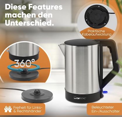 🫖 Clatronic Edelstahl Wasserkocher mit 1,5L für 12,99€ (statt 17€)