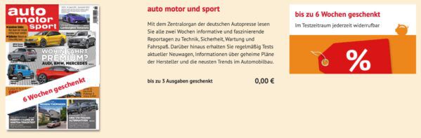 🏎️ 3 Ausgaben auto motor und sport 🗞️ für 0€ (statt 16,05€)   aktiv kündigen!