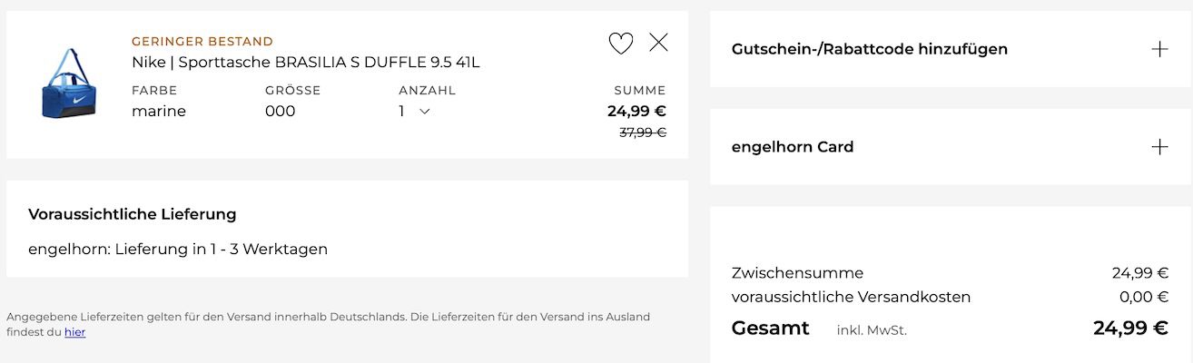 đď¸ââď¸ Nike Brasilia S Duffle 9.5 Sporttasche mit 41L fĂźr 24,99⏠(statt 35âŹ) đď¸ââď¸ Nike Brasilia S Duffle 9.5 Sporttasche mit 41L fĂźr 24,99⏠(statt 35âŹ)