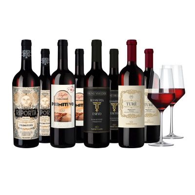 🍷 Weinpaket Primitivo-Vielfalt 8 Flaschen 🍇 inkl. 2x Zwiesel Pure für 44,90€ (statt 103€)