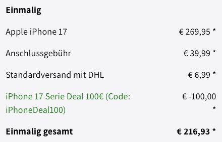 🍏 Apple iPhone 17 256GB für 169,95€ ➡️ mit o2 Unlimited Max 5G für 39,99€ mtl.