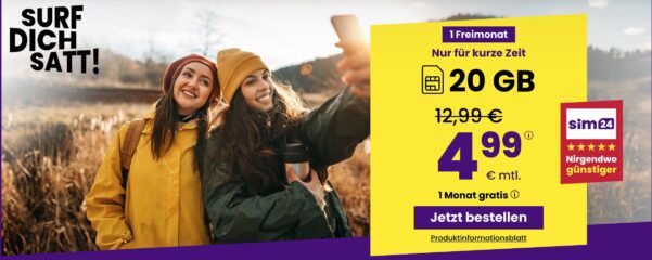 📱 sim24 Allnet Flat mit 20GB für nur 4,99€ mtl.   oder 40GB für 7,99€