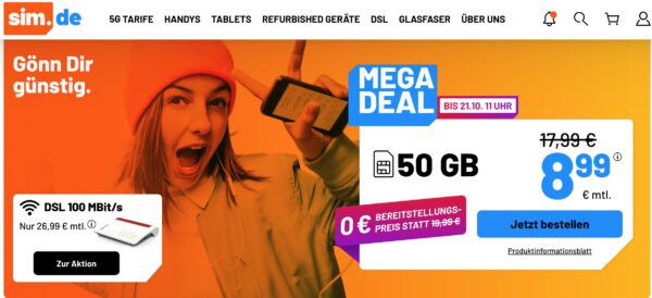 🔥 Sim.de Allnet Flat mit 50GB 5G für 8,99€ mtl. + keine Anschlussgebühr