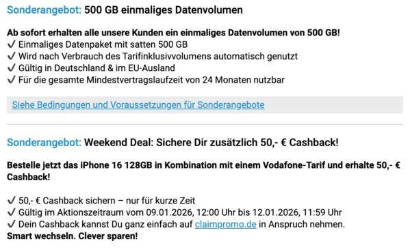 📱 Apple iPhone 16 für 59€ + 45GB Vodafone Allnet für 34,99€ mtl. + 150€ Bonus + 500GB Daten