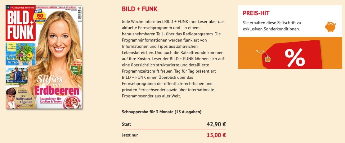 ➡️ 13 Ausgaben Bild + Funk Abo 🗞️ direkt nur 15€ (statt 42,90€) ➡️ 13 Ausgaben Bild + Funk Abo 🗞️ direkt nur 15€ (statt 42,90€)