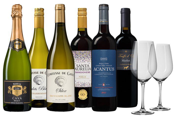 🍇🍷 6 prämierten Weinen inklusive 2 Weingläser für 39,13€ (statt 64€)