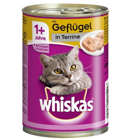 😻 12x Whiskas Nassfutter (je 400g) mit Geflügel in Terrine für 9,60€ (statt 21€)