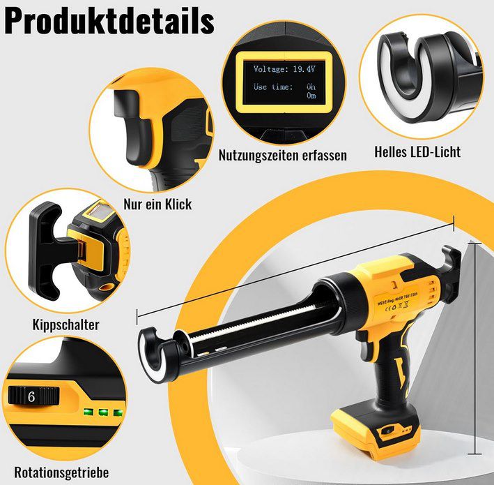 👷‍♂️ Angseen 18V Akku Kartuschenpresse (bis 300ml) mit 6 Stufen für 49,49€ (statt 60€)